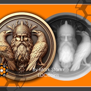 Diseño de moneda vikinga 3d para grabado láser con mapa de altura / Casco de guerrero nórdico escandinavo con cuervos / Imagen de alta calidad para Lightburn