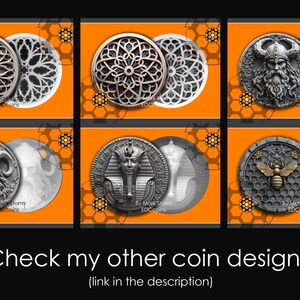 May include: Six different coin designs, each with a unique pattern or image. The coins are displayed on a bright orange background with a honeycomb pattern. The designs include a geometric pattern, a Viking warrior, an Egyptian pharaoh, a bee, and two different versions of a floral pattern.