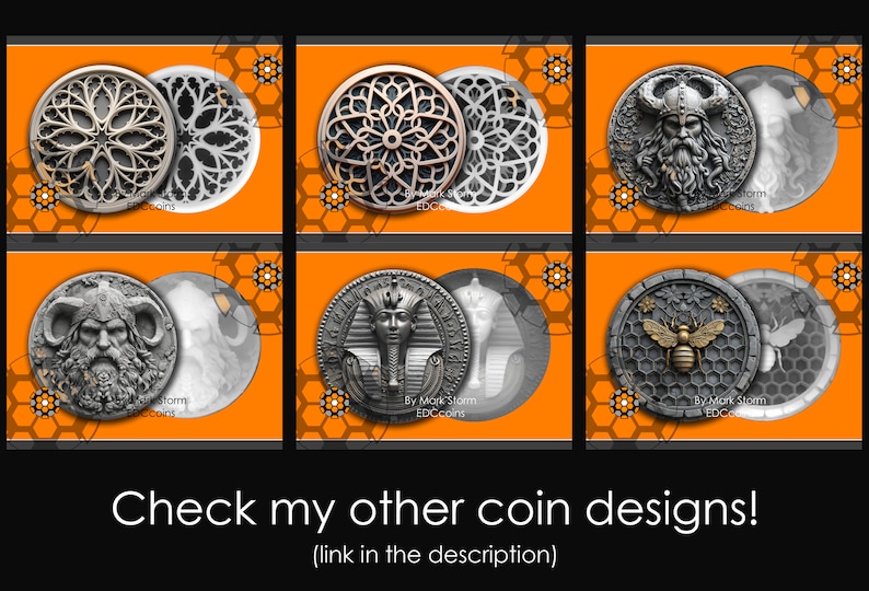 May include: Six different coin designs, each with a unique pattern or image. The coins are displayed on a bright orange background with a honeycomb pattern. The designs include a geometric pattern, a Viking warrior, an Egyptian pharaoh, a bee, and two different versions of a floral pattern.