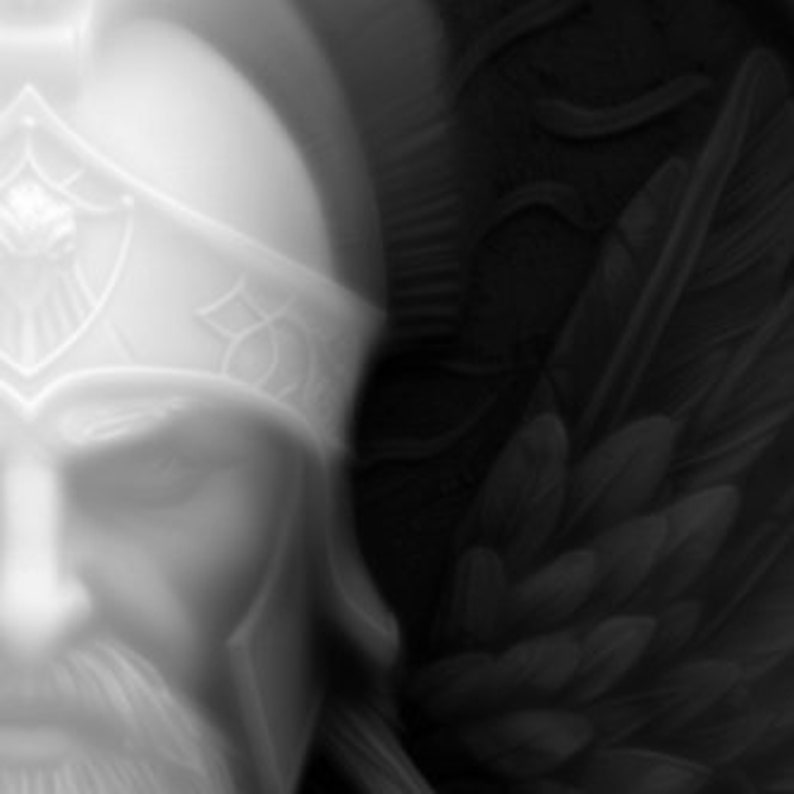 Puede incluir: Ilustraci&oacute;n en blanco y negro de un guerrero con un casco con detalles intrincados. El rostro del guerrero est&aacute; oculto por el casco, pero se ve una barba. El fondo presenta un dise&ntilde;o de ala estilizado.