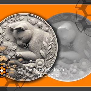 Niedliche Katze mit Blumen für 3D-Lasergravur mit Höhenkarte | Digitale Blumen Garten Münze | Qualitativ hochwertige DIY Bilder für Lightburn und EZcad