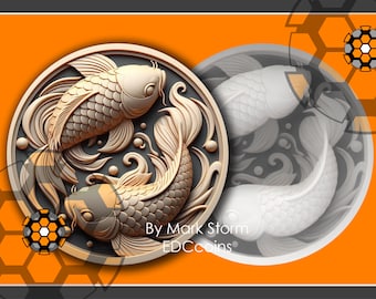 Japanese carp for 3d laser engraving with height map | Digital Swirling Fish coin | High quality DIY images for Lightburn and EZCAD