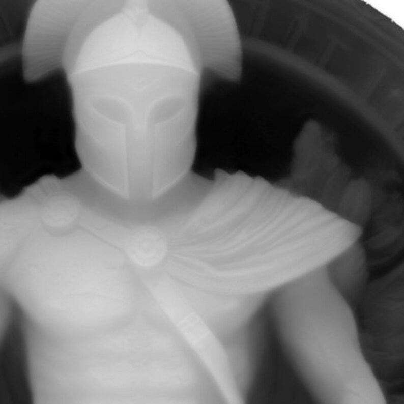 May include: A white plaster sculpture of a warrior wearing a helmet with a raised crest. The warrior is wearing a cloak and has a sword strapped to their chest.