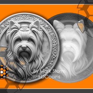 Digital dog portrait file for 3d laser engraving | Yorkshire Terrier coin with height map |  | High quality DIY images for Lightburn