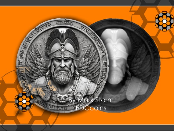 Roman Gladiator height map for 3d laser engraving | Ancient aged coin of a fierce warrior with helmet | High quality PNG image for Lightburn