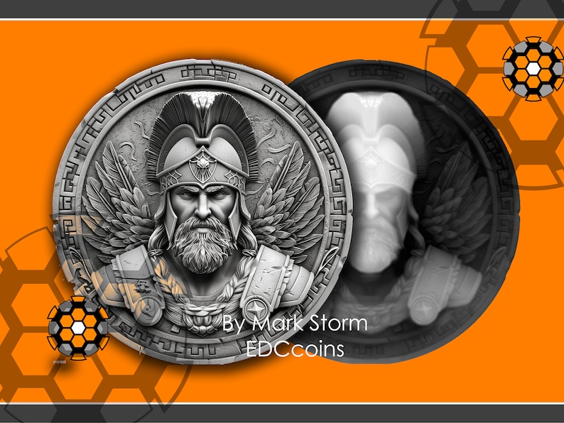 Roman warrior gladiator coin for 3d height map in Lightburn. Unique PNG files to use at home fiber laser and engrave it DIY. Fierce aged and ancient token for collectors. A piece of Roman History for a deep 2.5D engraving