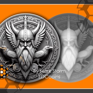 Hoogtekaart van de Noorse mythe Huginn & Munnin | Odin's Ravens-muntontwerp voor 3D-lasergravure met Viking | Hoge kwaliteit afbeelding voor Lightburn