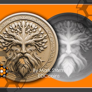 Geist des Waldes Münze für 3D Lasergravur Höhenkarte | Yggdrasil Symbol für Stärke & Schutz | Hochwertige PNG für Lightburn