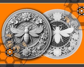 Height map Beehive design for 3d laser engraving for Beekeeper | Digital Flower & bee coin | High quality DIY images for Lightburn and EZCAD