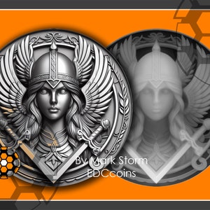 Schild Maiden Münzdesign 3D Lasergravur mit Höhenkarte | Skandinavische Kriegerin Helm mit Flügeln | Hochwertiges Bild Lightburn