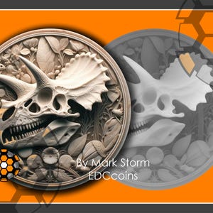 Fóssil de um crânio de Triceratops para gravação a laser 3D de uma moeda | Moeda digital fóssil do Jurássico extinto | Imagens DIY de alta qualidade para Lightburn