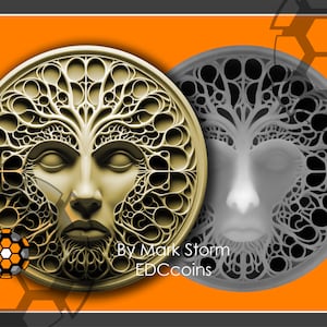 Pièce de monnaie contemporaine Tree Spirit pour la gravure au laser 3D de la hauteur de la carte | Visage abstrait de femme émergeant de la conception de la forêt Fichier PNG de haute qualité