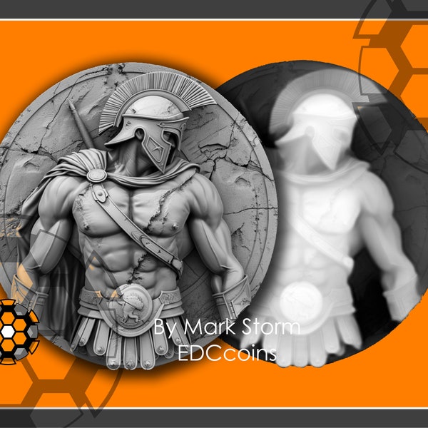 Spartan Warrior height map for 3d laser engraving | Coin file of brave warrior with Illyrian helmet | High quality PNG image for Lightburn