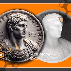 Lightburn-hoogtekaart van een Romeinse keizer voor 3D-lasergravure | 3D-bestand met op denarii geïnspireerd klassiek keizerportret | Digitale png-bestand downloaden