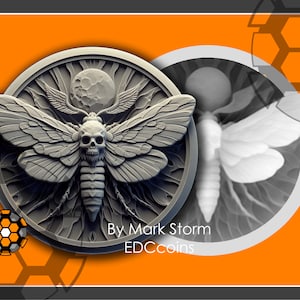 Death Moth Design für 3D Lasergravur mit herunterladbarer Höhenkarte | Digitales Schweigen der Lämmer Münze | Lightburn und EZ CAD Dateien