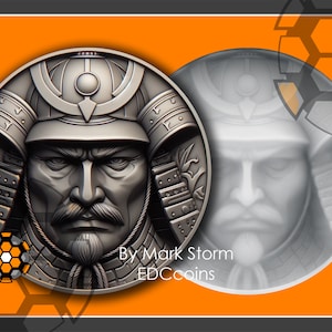 Samoeraiportret voor 3D-lasergravure met hoogtekaart | Digitale Japanse shogunmunt | DIY-afbeeldingen van hoge kwaliteit voor Lightburn en EZCAD