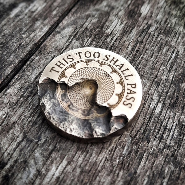 This Too Shall Pass EDC pocket coin with vintage clock & reminder quote to relax / calm down | Hand carved brass coin with age and character