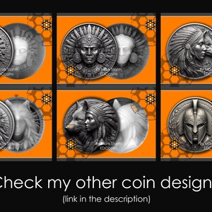May include: Six silver coin designs featuring different images. The coins are displayed in a grid on a bright orange background with a honeycomb pattern. The coins feature images of a Native American, a wolf, and a Spartan warrior.