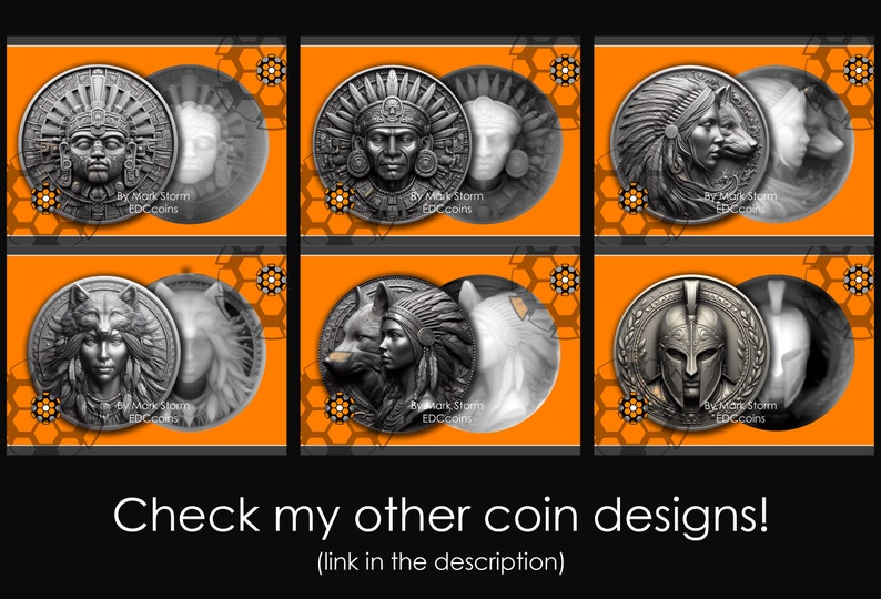 May include: Six silver coin designs featuring different images. The coins are displayed in a grid on a bright orange background with a honeycomb pattern. The coins feature images of a Native American, a wolf, and a Spartan warrior.