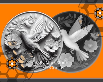 Height map for 3d Hummingbird floral design fiber laser engraving | Digital flower and bird coin | High quality download PNG graphic file