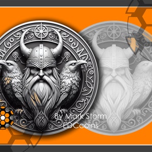 Mapa de altura para Lightburn | Mito nórdico Huginn & Munnin Moeda dos corvos de Odin | Design digital para gravação a laser 3D | Imagens PNG de alta qualidade