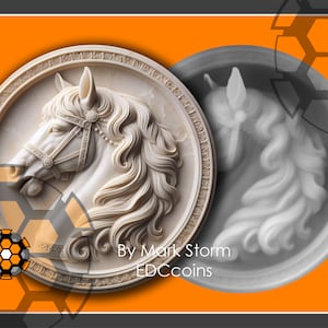 May include: A white ceramic horse head sculpture in a round frame with a gray and white horse head sculpture in the background. The text "By Mark Storm EDCcoins" is visible below the sculpture.