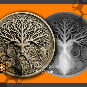 Downloadbare hoogtekaart Viking-geestmunt voor 3D-lasergravure | Levensboombord met krijgersgezicht | Hoge kwaliteit png-bestand voor lightburn