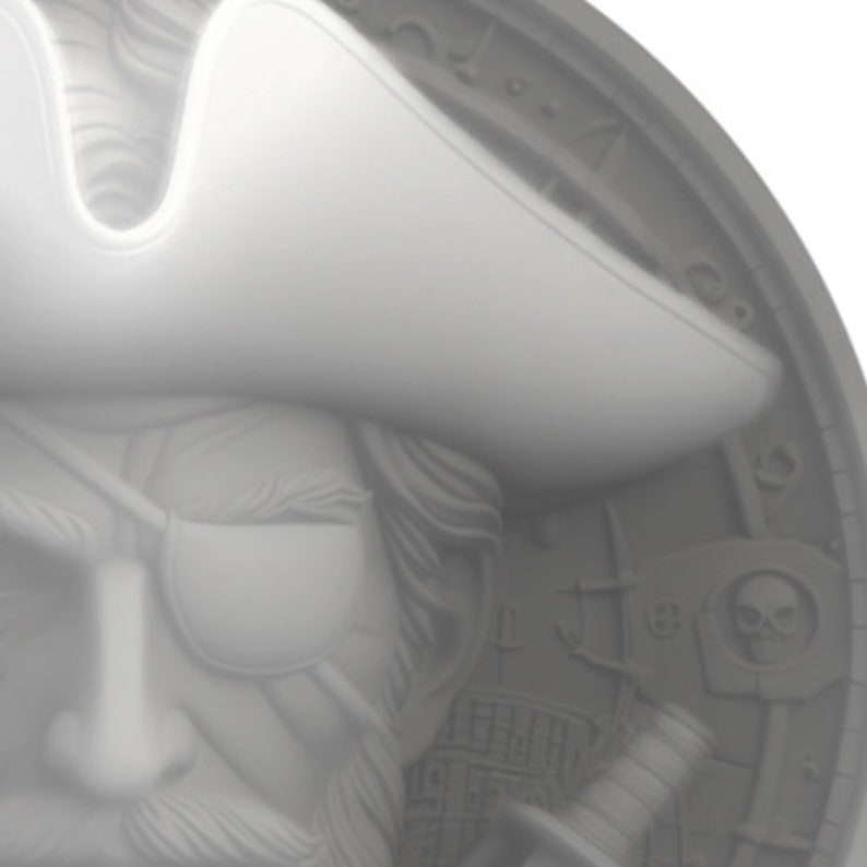 May include: A close-up of a silver coin with a detailed design of a pirate wearing a tricorn hat and an eyepatch. The coin features intricate details and a skull and crossbones design.
