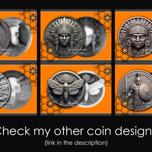 May include: Six different coin designs featuring a variety of subjects, including a skull, a warrior, and a Native American. The coins are silver and have a raised design. The background is orange with a honeycomb pattern.