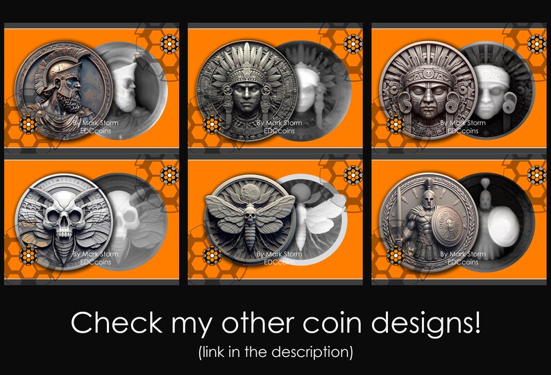 May include: Six different coin designs featuring a variety of subjects, including a skull, a warrior, and a Native American. The coins are silver and have a raised design. The background is orange with a honeycomb pattern.