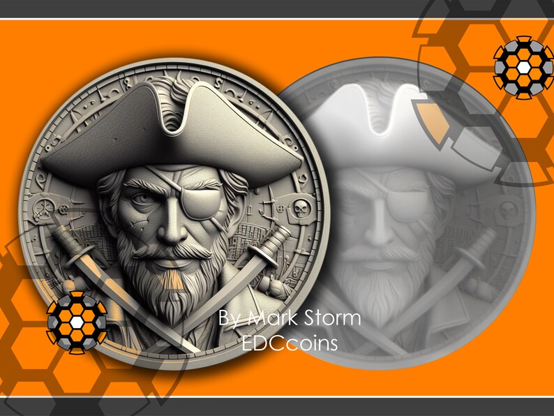 May include: A silver-colored coin with a detailed 3D image of a pirate wearing an eyepatch and a tricorn hat. The pirate is holding two swords crossed in front of him. The coin has a textured background with a compass and other nautical symbols. The text "By Mark Storm EDCcoins" is printed on the bottom of the coin.