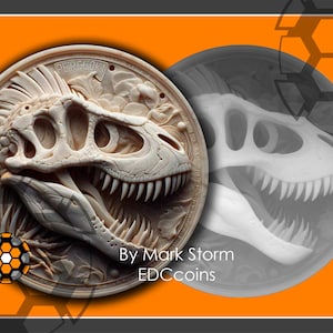 Puede incluir: Una moneda de dinosaurio de cráneo blanco, impresa en 3D, con un fondo texturizado. La moneda está rodeada por un patrón de panal negro y naranja. El texto "By Mark Storm EDCcoins" está impreso en la moneda.