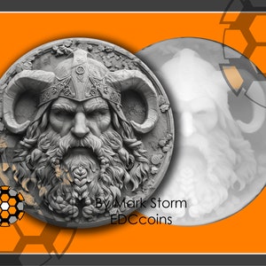 Diseño de moneda de guerrero vikingo para grabado láser 3d con mapa de altura / Casco nórdico escandinavo con cuernos / Imagen de alta calidad para Lightburn