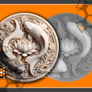 Könnte beinhalten: Eine runde weiße Keramikplatte mit einem 3D-Design aus zwei Koi-Fischen, die um eine Lotusblume schwimmen. Die Platte ist von einem dekorativen Rand umgeben. Der Text "By Mark Storm EDCcoins" befindet sich am unteren Rand der Platte.