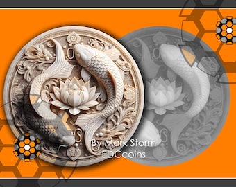 May include: A white ceramic round plaque with a 3D design of two koi fish swimming around a lotus flower. The plaque is surrounded by a decorative border. The text "By Mark Storm EDCcoins" is at the bottom of the plaque.