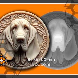 Digitale Hundeportrait-Datei für die 3D-Lasergravur | Basset Droopy Hund Münze mit Höhe Karte | | Hochwertige DIY Bilder für Lightburn