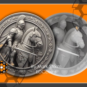 May include: A silver coin with a detailed relief sculpture of a knight on horseback. The knight is wearing armor and holding a sword. The coin is surrounded by a decorative border. The text "By Mark Storm EDCcoins" is printed on the coin.