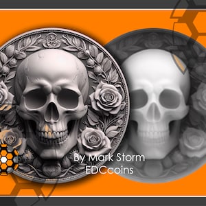 Lightburn Datei für die 3D Lasergravur mit Totenkopf & Rosen Blumen | Digital herunterladbare Höhenkarte | PNG Dateien für Faserlaser 30W - 100W