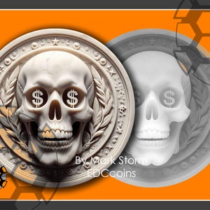 3D Höhenkarte für die Lasergravur Schädel & Dollar Design | Digital Downloadbare PNG-Dateien für Faserlaser | "Kunstdruck ""Geld über Sterblichkeit""."