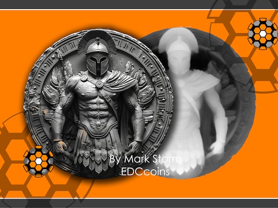 Gladiator height map for 3d laser engraving | Ancient aged coin of a fierce soldier with helmet | High quality PNG image for Lightburn