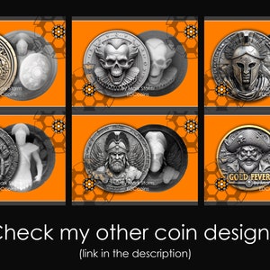 May include: Six different coin designs featuring various characters, including a skull, a pirate, and a warrior. The coins are silver and gold in color and have a 3D effect. The background is orange with a honeycomb pattern.