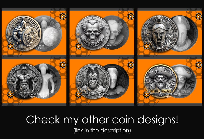 May include: Six different coin designs featuring various characters, including a skull, a pirate, and a warrior. The coins are silver and gold in color and have a 3D effect. The background is orange with a honeycomb pattern.