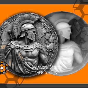 Griechische Soldatenhöhenkarte für 3D Lasergravur | Antike Münze eines grimmigen Soldaten mit Helm | Hochwertige PNG Bild für Galvo MOPA Faser