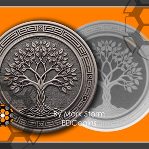 Munt Eternal Tree of Life voor 3D-lasergravure met hoogtekaart | Vikingteken voor eeuwig leven en wijsheid | Hoge kwaliteit afbeelding voor Lightburn
