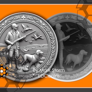 Diseño de moneda de caza al aire libre para grabado láser 3D / Mapa de altura descargable / Perro retriever y patos señuelo / Archivos Lightburn y EZCAD