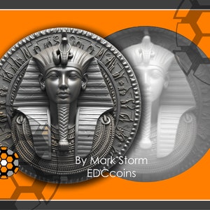 Diseño de moneda del rey faraón Tut para grabado láser 3D con mapa de altura / Máscara de muerte estilo Tutankamón Egipto / Imagen de alta calidad para Lightburn
