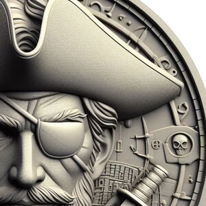 May include: A detailed, three-dimensional silver coin featuring a pirate with an eyepatch and a tricorn hat. The coin also features a skull and crossbones, a ship's wheel, and other nautical imagery.