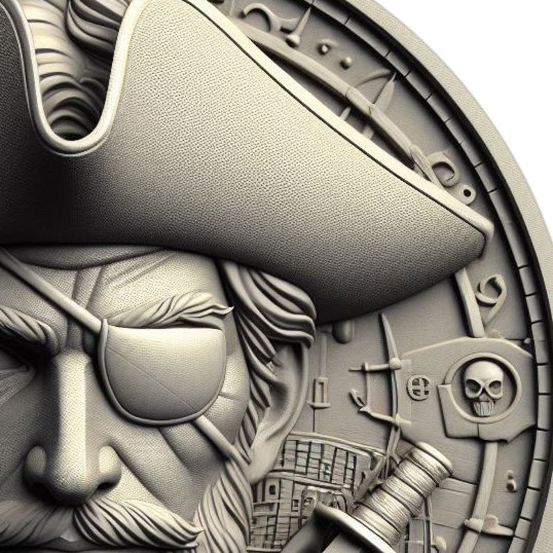 May include: A detailed, three-dimensional silver coin featuring a pirate with an eyepatch and a tricorn hat. The coin also features a skull and crossbones, a ship's wheel, and other nautical imagery.