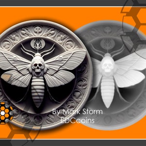 May include: A silver coin with a detailed design of a skull-headed moth with intricate wings. The coin is surrounded by a circular design with various symbols. The text "By Mark Storm EDCcoins" is printed below the moth.