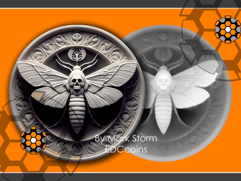 May include: A silver coin with a detailed design of a skull-headed moth with intricate wings. The coin is surrounded by a circular design with various symbols. The text "By Mark Storm EDCcoins" is printed below the moth.